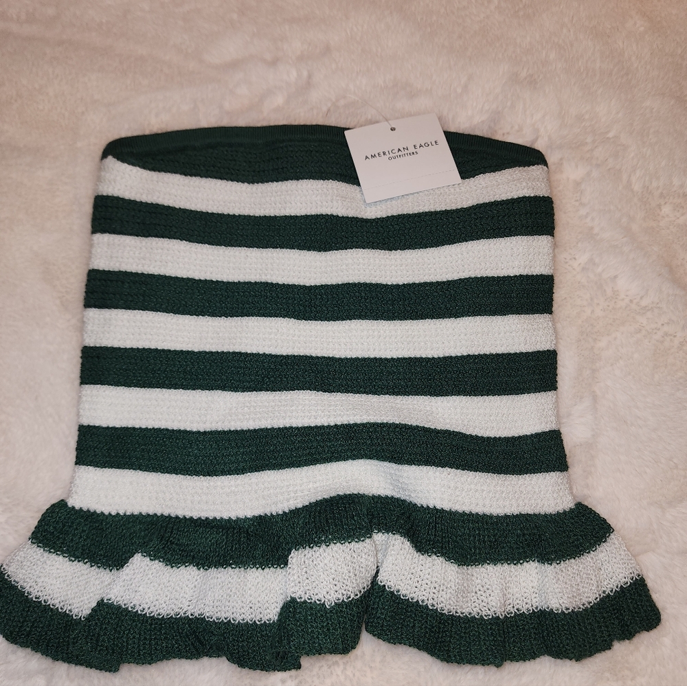 American Eagle Green & White Striped Ruffle Knit Tube Top (XS)